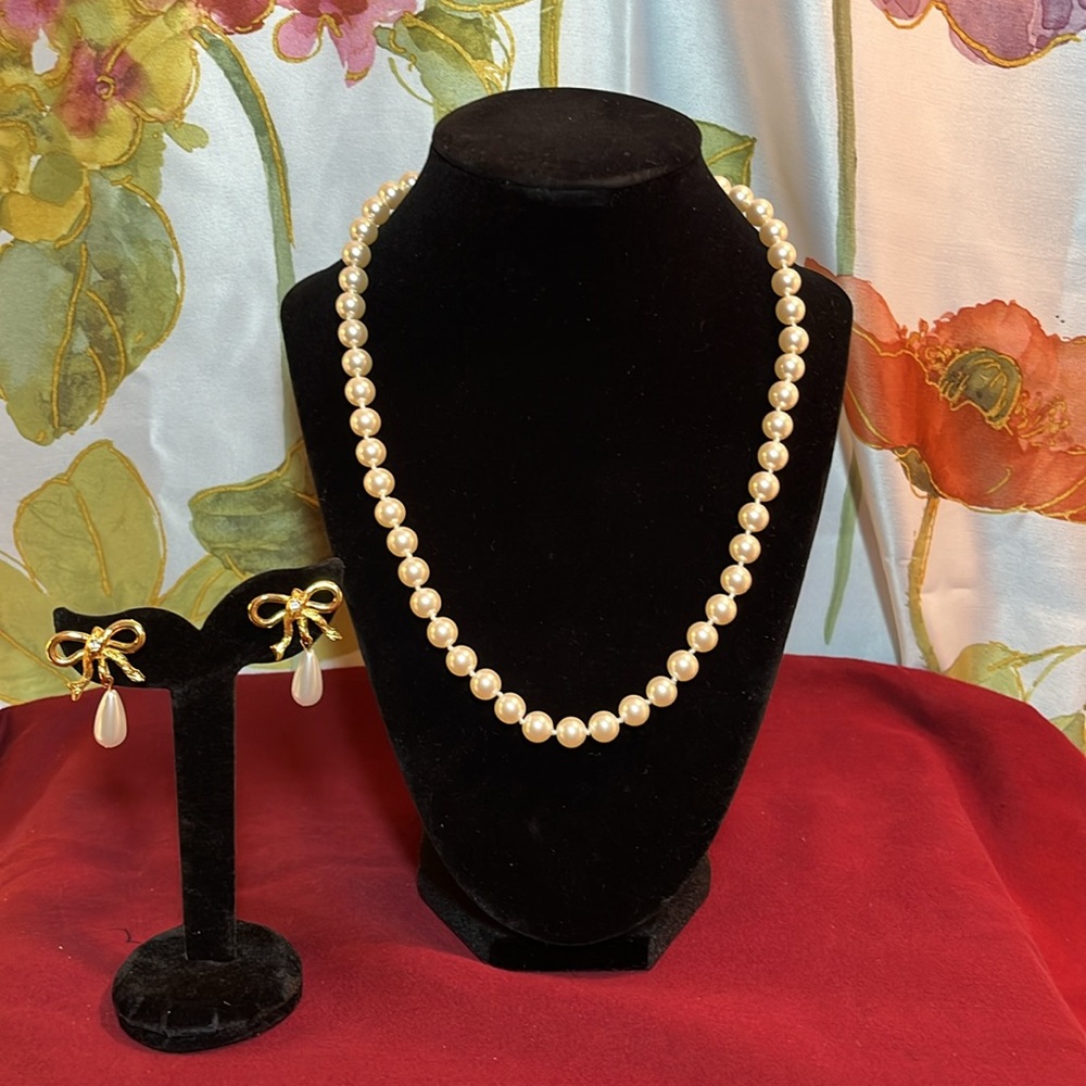 Monet Faux pearl necklace and gold bow drop earrings